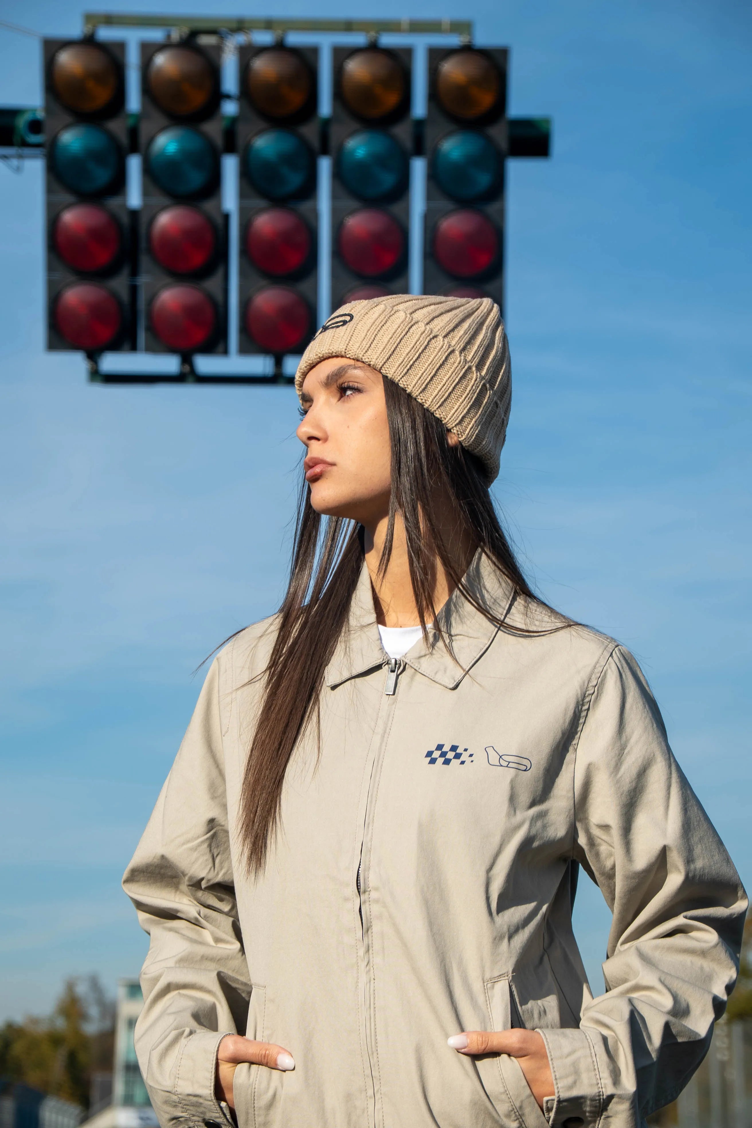 BEANIE WITH TRACK LAYOUT - BEIGE