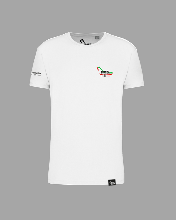 White short-sleeved T-shirt with Monza100 colored logo