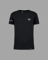 Black short-sleeved T-shirt with Monza100 colored logo
