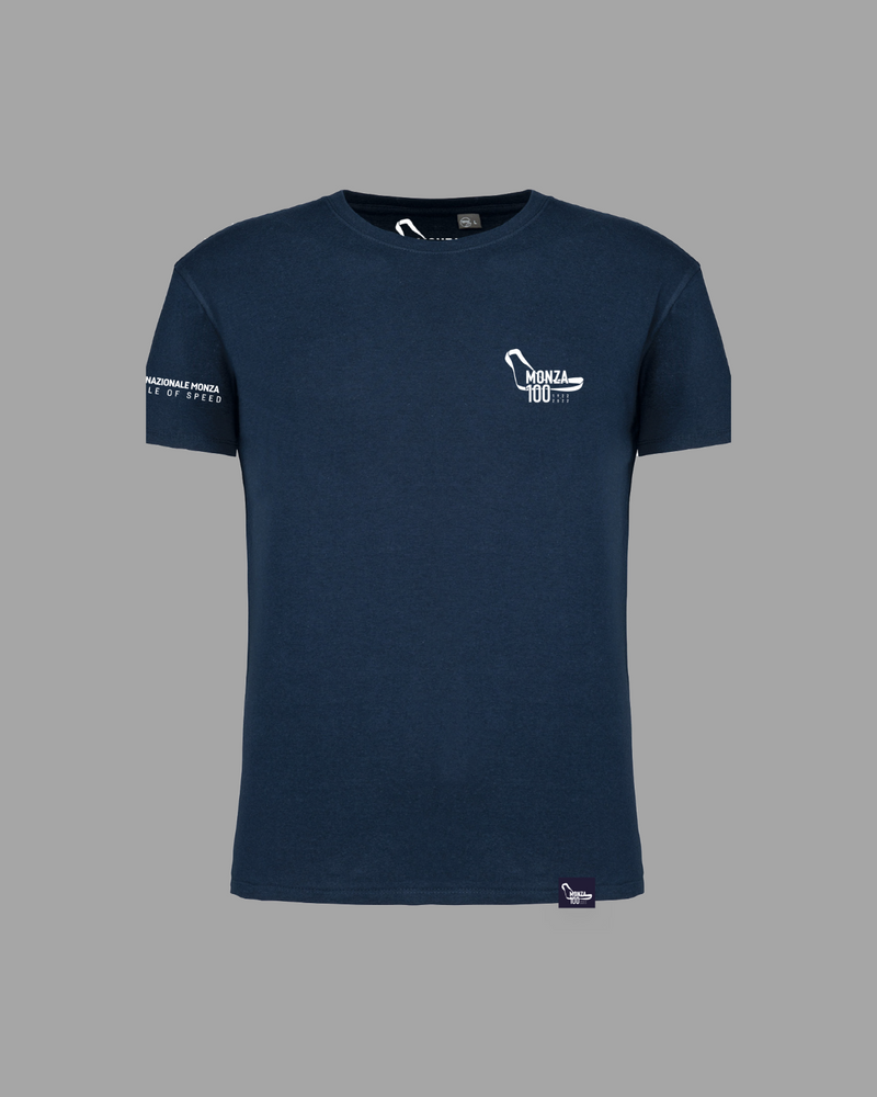 Navy blue short-sleeved T-shirt with white Monza100 logo