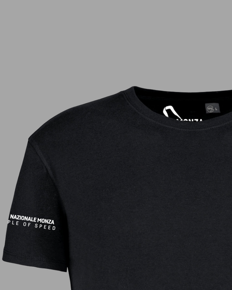 Black short-sleeved T-shirt with Monza100 colored logo