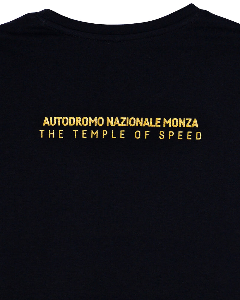 Black t-shirt with Monza gold circuit logo