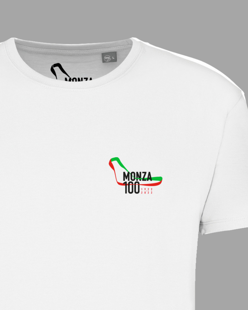 White short-sleeved T-shirt with Monza100 colored logo