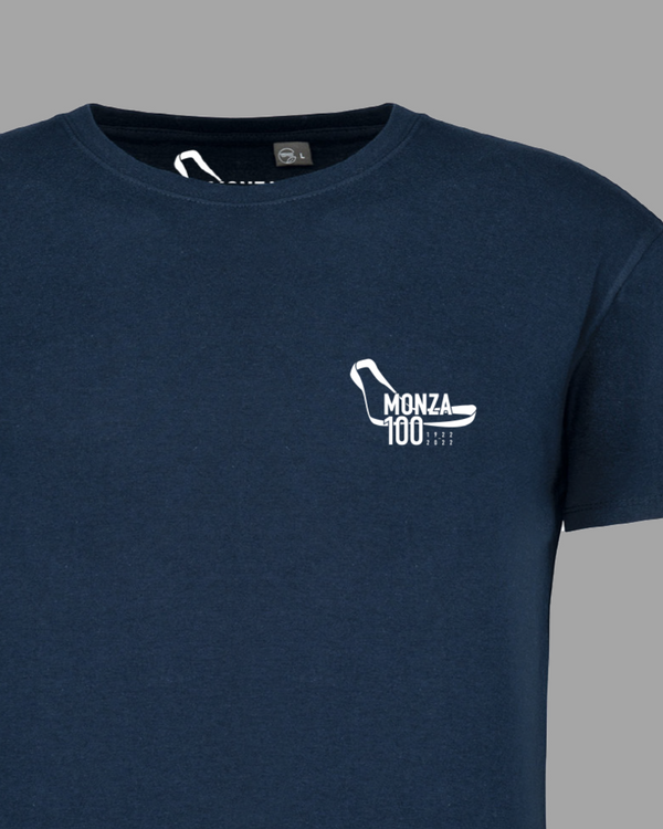 Navy blue short-sleeved T-shirt with white Monza100 logo